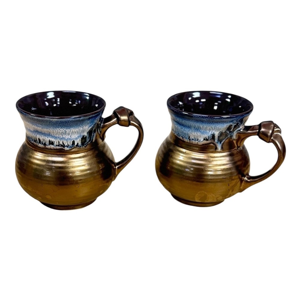 Roscher Stoneware Mugs 2 Bronze Metallic Gold Blue Drip Glaze Knotted‎ Handle
